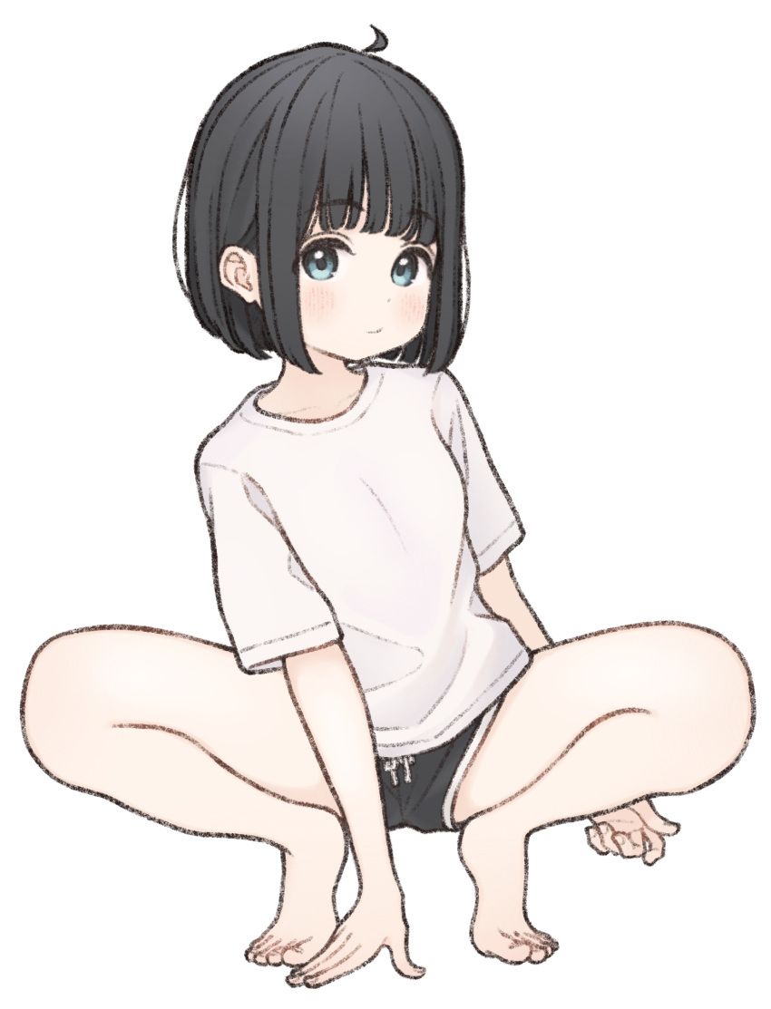 1girl, 1ssakawaguchi, ahoge, barefoot, black_hair, blue_eyes, blush, bob_cut