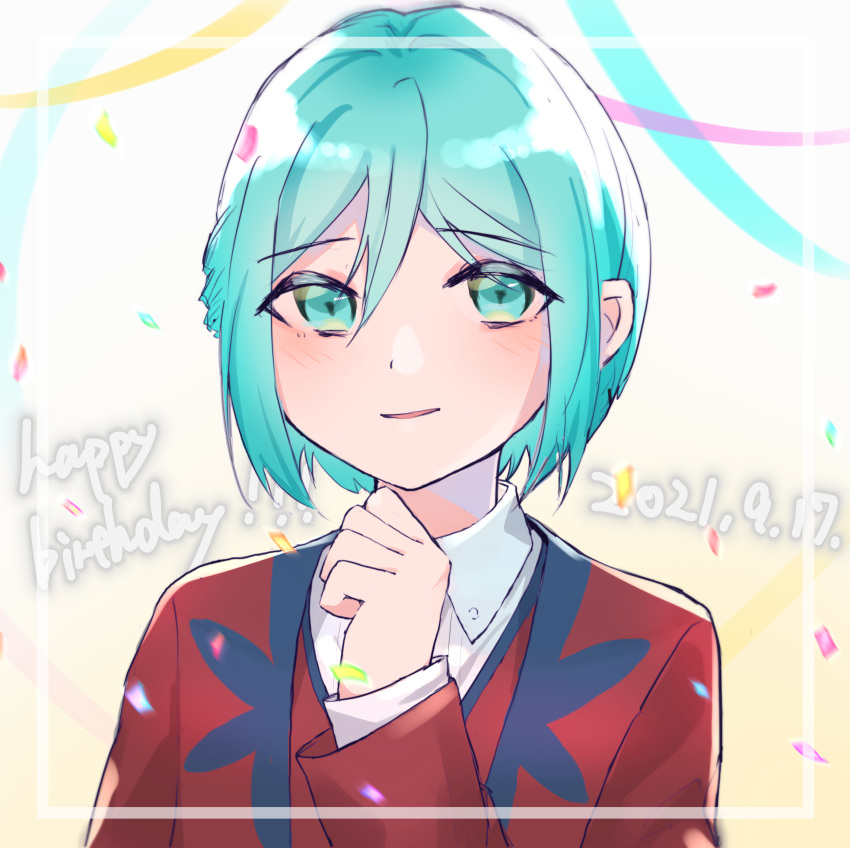 1boy, 2021, absurdres, aqua_eyes, aqua_hair, araki_mihaya, blazer, blush