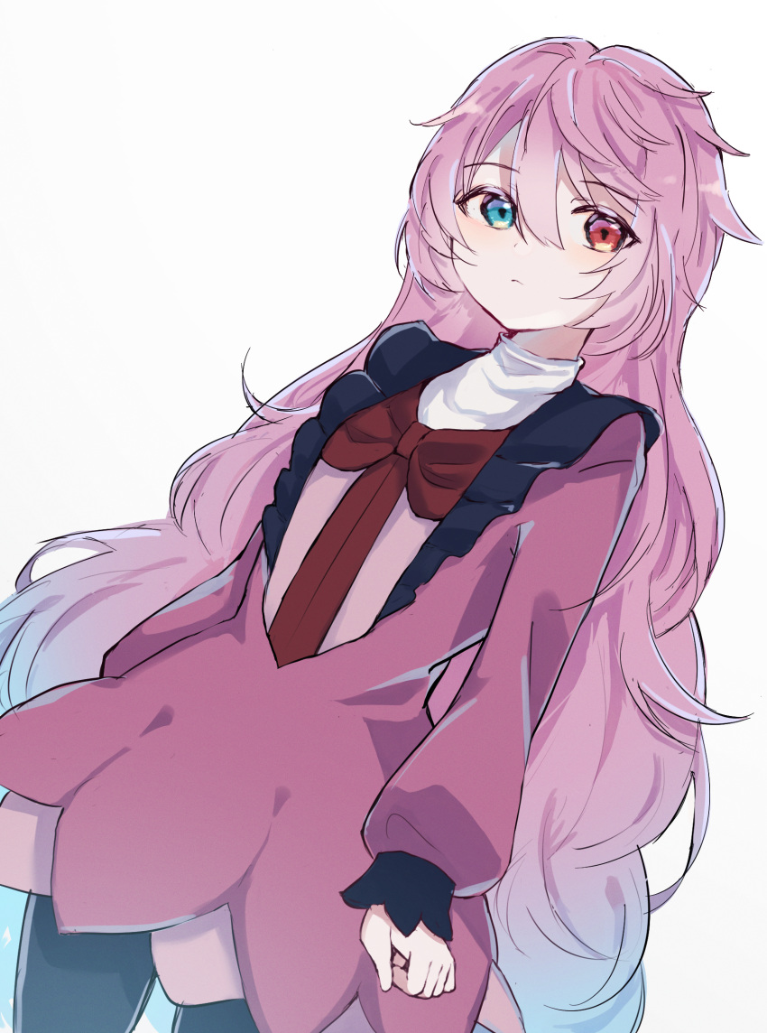 1girl, black_leggings, blue_eyes, blue_hair, blush, closed_mouth, dress, heterochromia