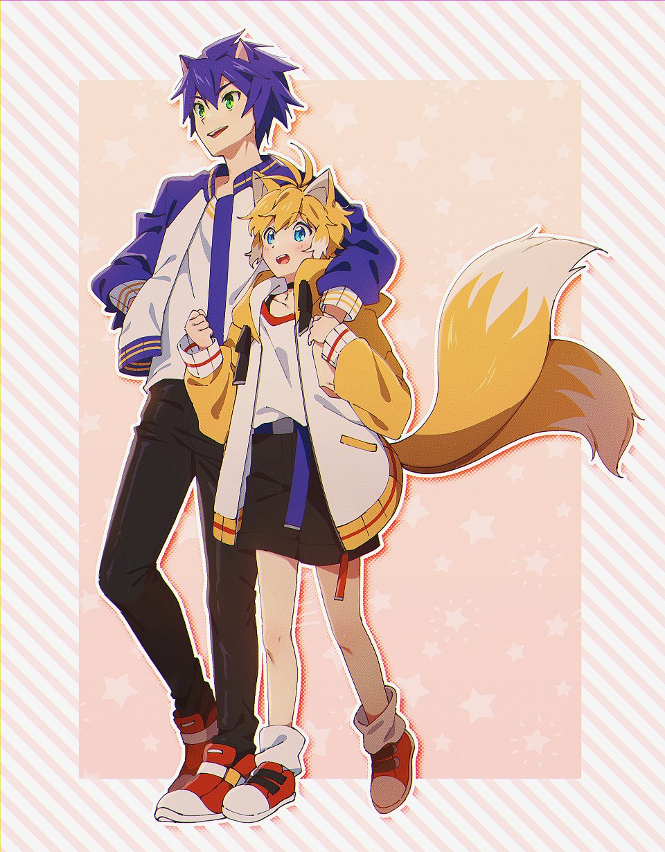 2boys, animal_ears, arm_around_shoulder, banri_0917, black_pants, blonde_hair, blue_eyes, blue_hair