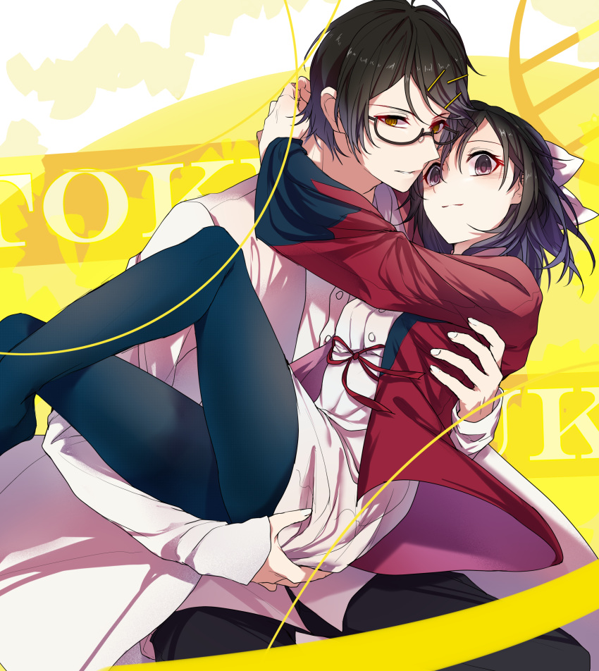 1boy, 1girl, absurdres, black_hair, blazer, bow, carrying, chikong_ice