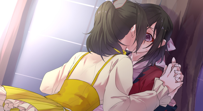 2girls, absurdres, black_hair, blush, bow, chikong_ice, dress, facing_another