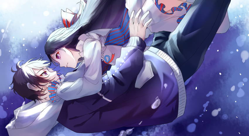 absurdres, black_hair, black_pants, blue_jacket, chikong_ice, falling, hetero, highres