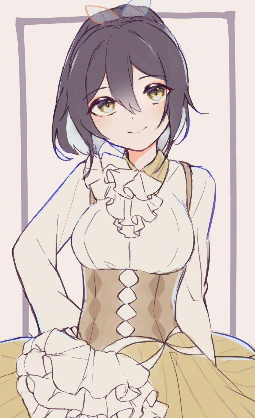 1girl, black_hair, border, closed_mouth, dress, hair_ribbon, hand_on_hip, highres