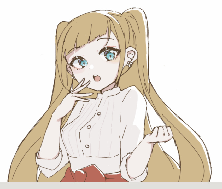 1girl, blue_eyes, border, earrings, half_updo, highres, jewelry, long_hair, long_sleeves, looking_at_viewer, open_mouth, orange_hair, oshima_hanto, paradigm_paradox, red_skirt, shinonome_lize, shirt, sketch, skirt, solo, teeth, twintails, white_border, white_shirt