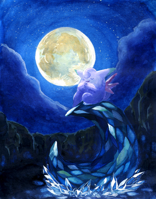 clefable, closed_eyes, evolutionary_stone, moon, moon_stone, nature, night, no_humans