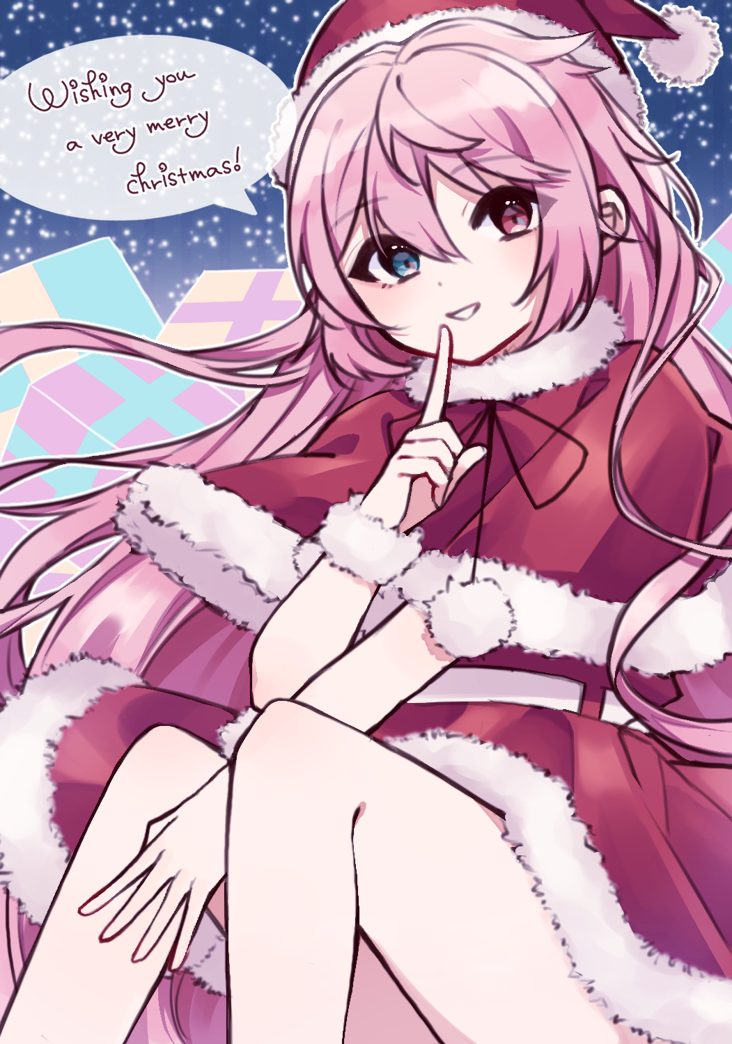 1girl, blue_eyes, blush, christmas, dress, finger_to_mouth, finger_to_own_chin, hat