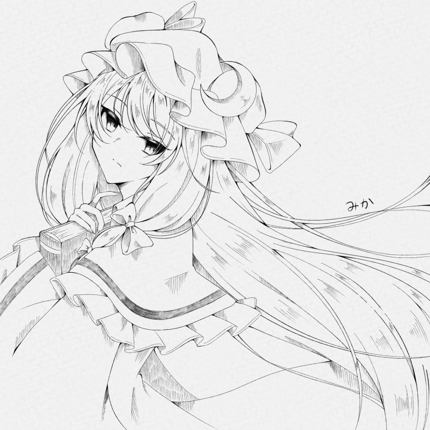 1girl, bangs, book, bow, closed_mouth, commentary, crescent, crescent_hat_ornament