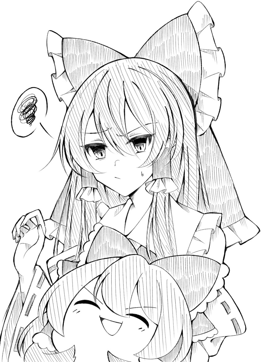 2girls, :/, annoyed, bangs, bow, closed_mouth, commentary_request, detached_sleeves