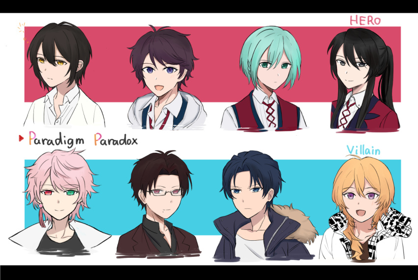 6+boys, araki_mihaya, black_hair, blue_background, blue_eyes, closed_mouth, copyright_name, green_eyes