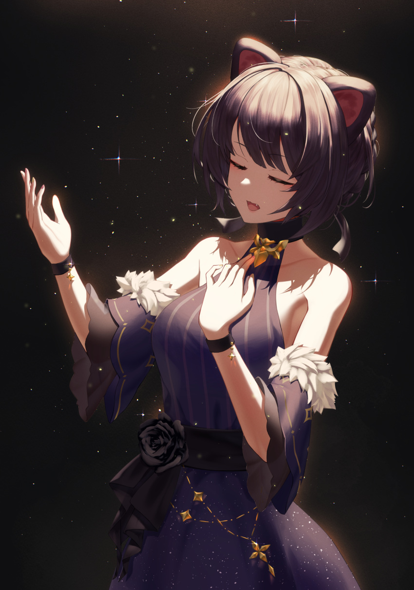 1girl, animal_ears, bangle, bangs, black_background, black_flower, black_ribbon, black_rose
