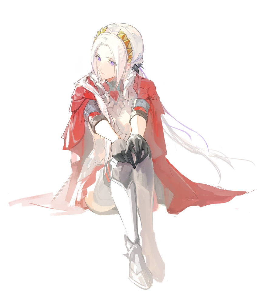 1girl, armor, artuvia, bangs, black_gloves, boots, cape, closed_mouth, edelgard_von_hresvelg, fire_emblem, fire_emblem:_three_houses, fire_emblem_warriors:_three_hopes, full_body, gloves, hands_on_own_knees, highres, long_hair, looking_to_the_side, metal_boots, official_alternate_costume, official_alternate_hairstyle, own_hands_together, parted_bangs, red_cape, sitting, solo, thigh_boots, violet_eyes, white_background, white_hair