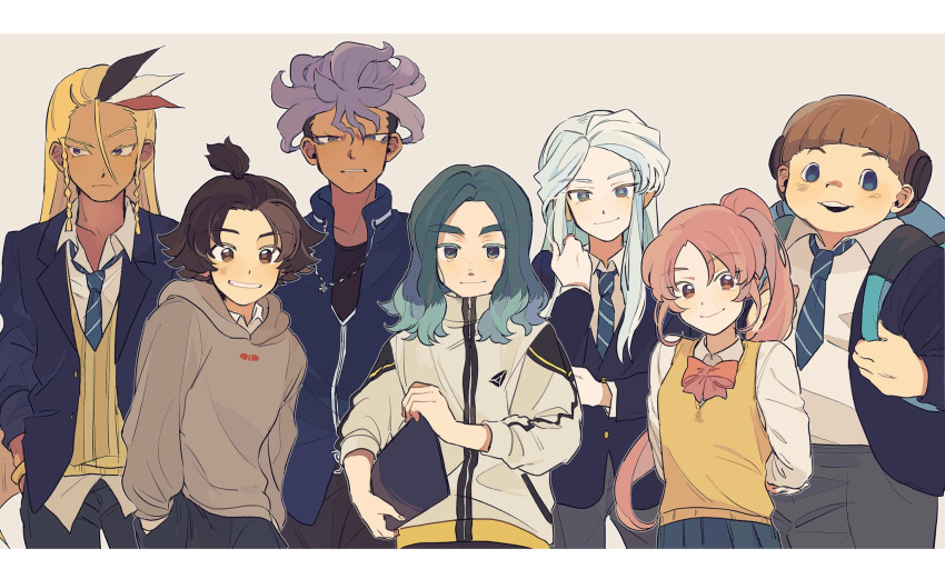 blue_hair, brown_hair, clipboard, dark_skin, fat, fat_man, highres, holding, holding_clipboard, inazuma_eleven_(series), inazuma_eleven_victory_road, kisoji_heita, kodoukai_kameo, light_smile, long_hair, necktie, ninonuko, pink_hair, ribbon, sakurazaki_jouji, sasanami_unmei, shinohara_raika, shisendou_garyuu, white_hair