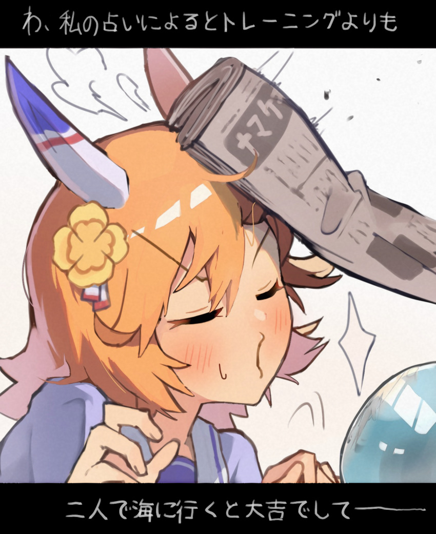 1girl, 1other, animal_ears, blush, closed_eyes, clover_hair_ornament, crystal_ball, ear_covers