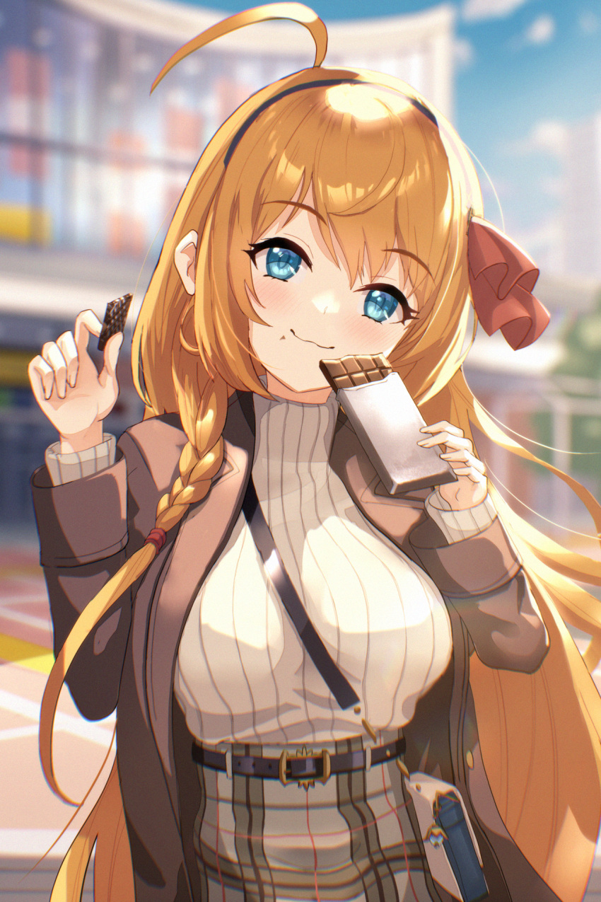 1girl, ahoge, bag, bangs, belt, black_belt, black_hairband, blazer