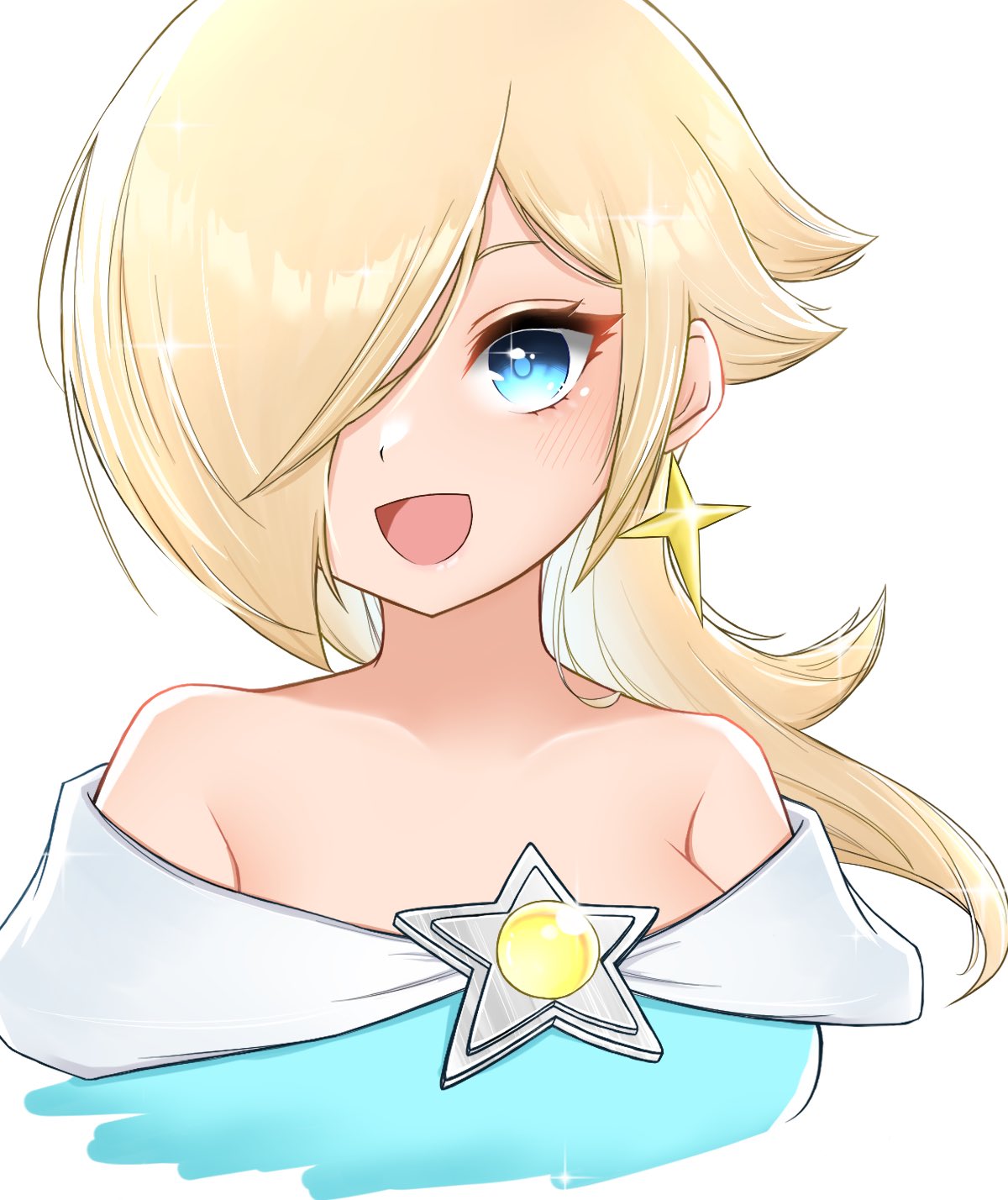 1girl, aqua_dress, aqua_eyes, bare_shoulders, blonde_hair, blue_eyes, blush_stickers, brooch