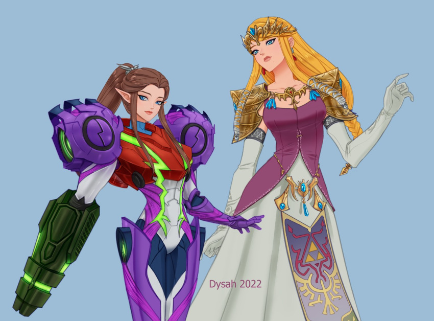 2022, 2girls, alternate_costume, alternate_hairstyle, arm_cannon, armor, artist_name, blonde_hair