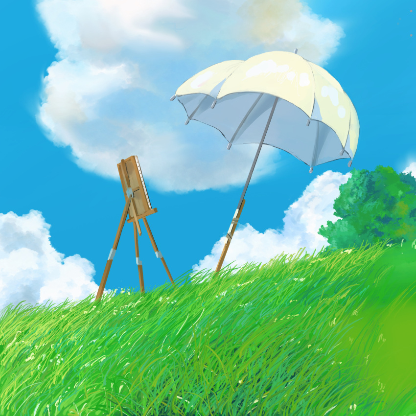blue_sky, bush, canvas_(object), clouds, derivative_work, field, furumiya-underson, grass, highres, kaze_tachinu, nature, no_humans, outdoors, scenery, screencap_redraw, sky, studio_ghibli, summer, sun, umbrella, white_umbrella