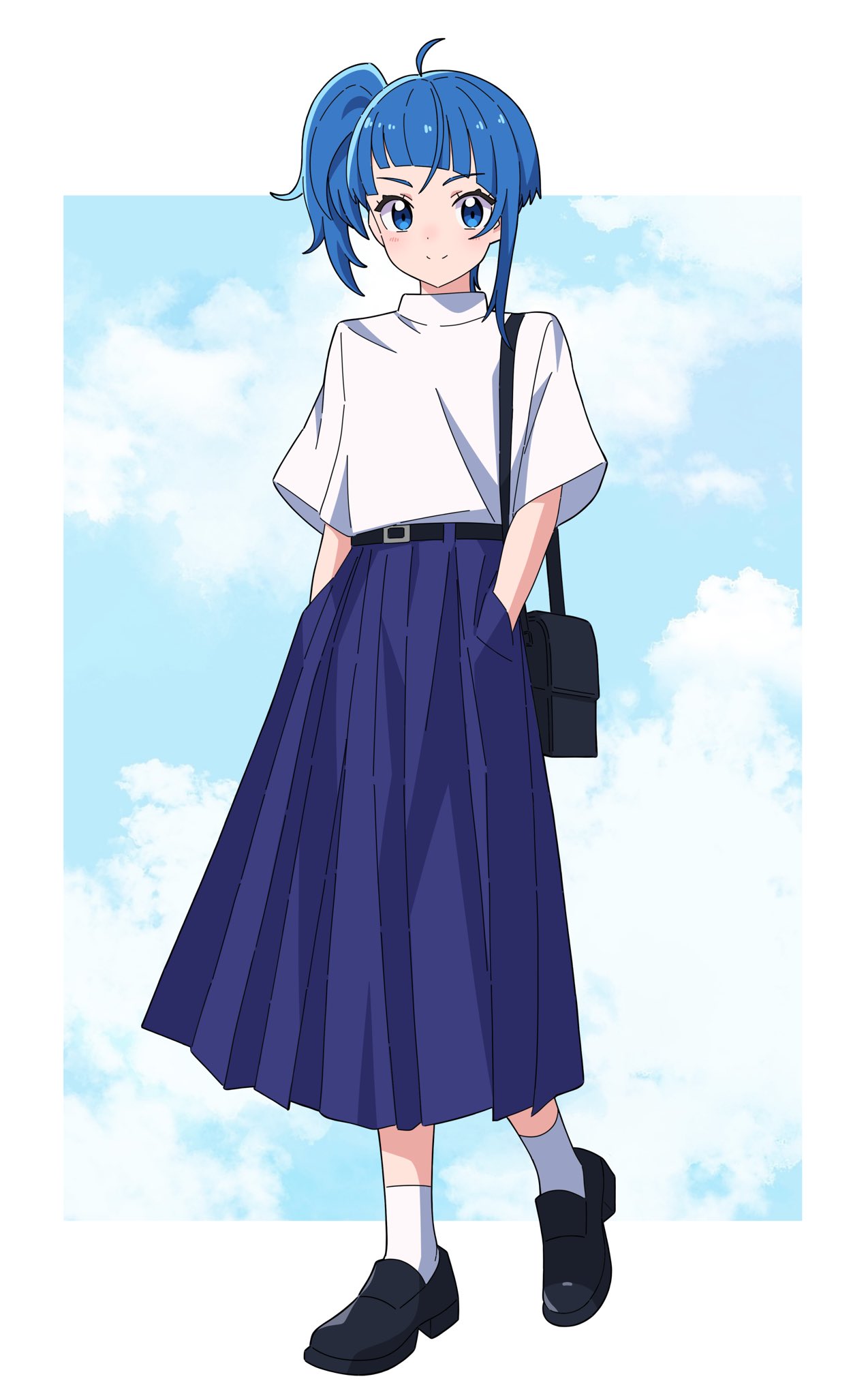 1girl, ahoge, ankle_socks, bag, bangs, belt, black_bag, black_belt