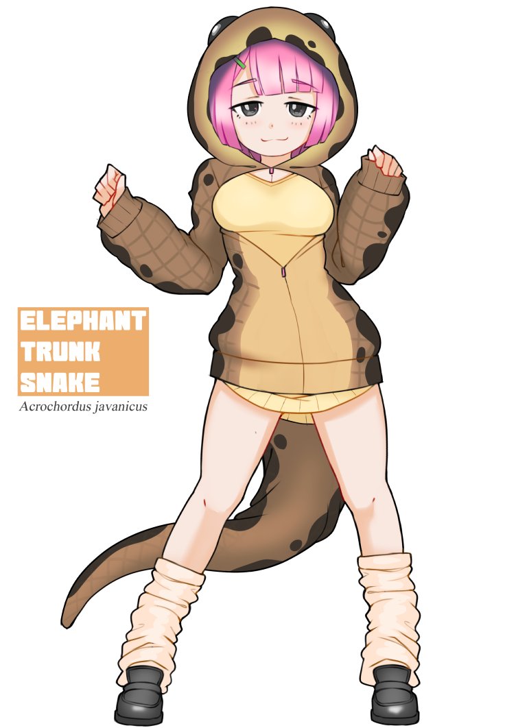 1girl, bangs, black_footwear, blue_eyes, blush, brown_hoodie, commentary_request, elephant_trunk_snake_(kemono_friends)_(illu_(illu_stratos))