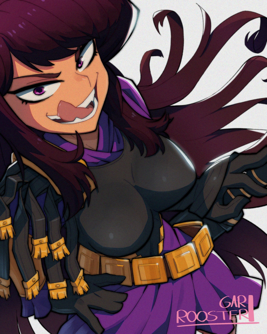 armor, boobplate, borrowed_character, breastplate, centurii-chan_(artist), gar_rooster, gloves, highres, licking_lips, long_hair, original, praetorian_(centurii-chan), purple_hair, robe, roman_clothes, smile, tongue, tongue_out, violet_eyes, white_background