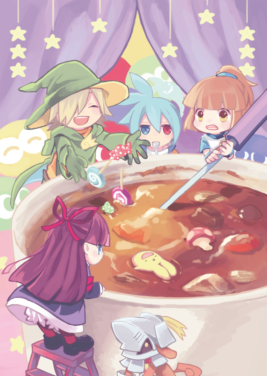 arle_nadja, baldanders_(puyopuyo), bangs, blue_eyes, blue_hair, blush, brown_hair, candy, carbuncle_(puyopuyo), closed_eyes, curry, curry_rice, feli_(puyopuyo), food, green_headwear, grey_hair, heterochromia, highres, kuroda_(kuro_yyy), lemres_(puyopuyo), lollipop, ponytail, purple_hair, puyo_(puyopuyo), puyopuyo, red_eyes, rice, sig_(puyopuyo), star_(symbol), yellow_eyes
