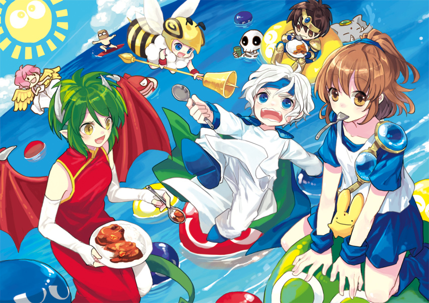 3girls, 6+boys, angel_wings, arle_nadja, bangs, blue_eyes, blue_skirt, blue_sky, blush, brown_hair, carbuncle_(puyopuyo), choppun, curry, curry_rice, draco_centauros, dragon_girl, dragon_horns, dragon_tail, dress, food, green_hair, hairband, harpy_(puyopuyo), honey_bee_(puyopuyo), horns, kuroda_(kuro_yyy), lagnus_the_brave, madou_monogatari, multiple_boys, multiple_girls, on_water, pink_hair, ponytail, puyo_(puyopuyo), puyopuyo, red_dress, rice, schezo_wegey, short_hair, skeleton_t, skirt, sky, suketoudara, surfboard, tail, white_hair, wings, yellow_eyes, yellow_wings, zoh_daimaoh