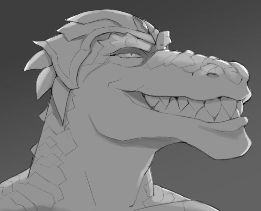 1boy, absurdres, armor, furry, furry_male, gigachad_(meme), gradient_background, grey_background, greyscale, helmet, highres, league_of_legends, male_focus, meme, monochrome, rammionn, renekton, reptile_boy, sharp_teeth, solo, teeth