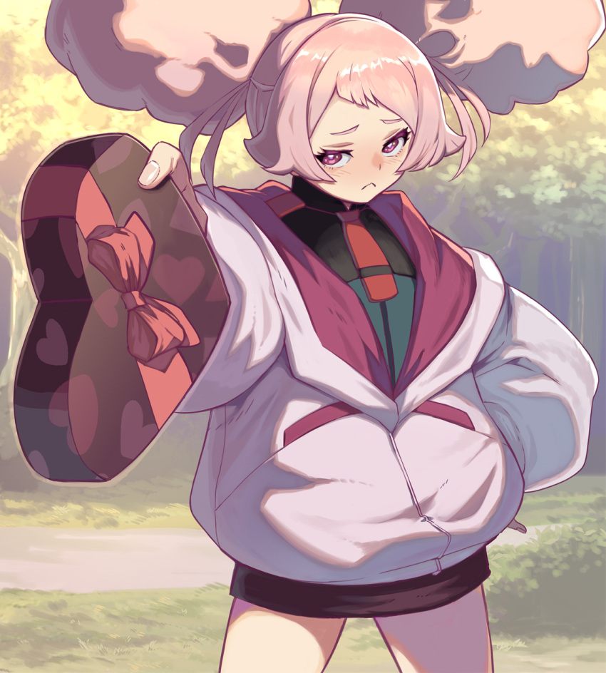 1girl, afro_puffs, asticassia_school_uniform, blush, candy, chocolate, chuatury_panlunch, embarrassed