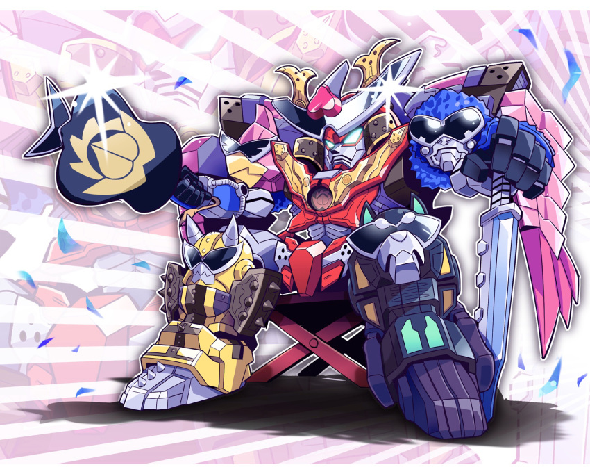 avataro_sentai_donbrothers, chair, dononitaijin, gleam, hand_fan, hand_on_hilt, highres, holding, holding_fan, mecha, no_humans, robot, sitting, super_robot, super_sentai, sword, usoco, war_fan, weapon