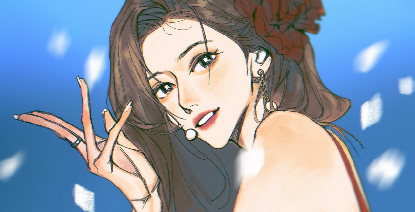 1girl, animification, babybluelove, black_eyes, blue_background, brown_hair, camisole, earrings