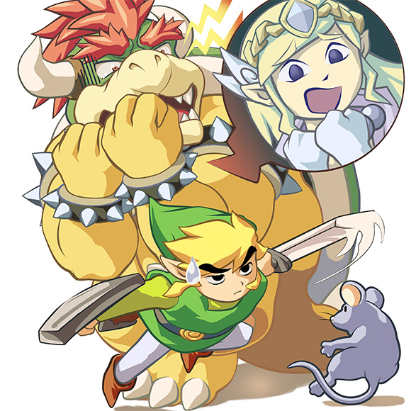 black_eyes, blonde_hair, bowser, crossover, gloves, horns, link, masa_(bowser), mouse, nintendo, pointy_ears, possessed, princess_zelda, red_hair, redhead, scared, shield, spirit_tracks, super_mario_bros., super_smash_bros., sweatdrop, sword, the_legend_of_zelda, toon_link, weapon