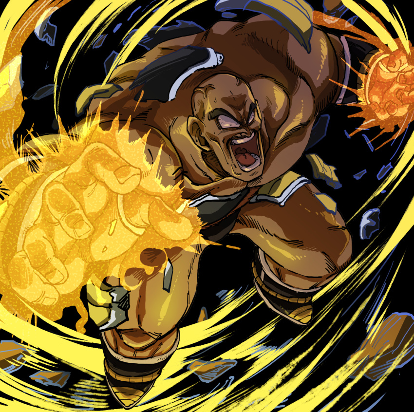 1boy, aura, bald, black_background, boots, broken_arm, commentary_request, constricted_pupils