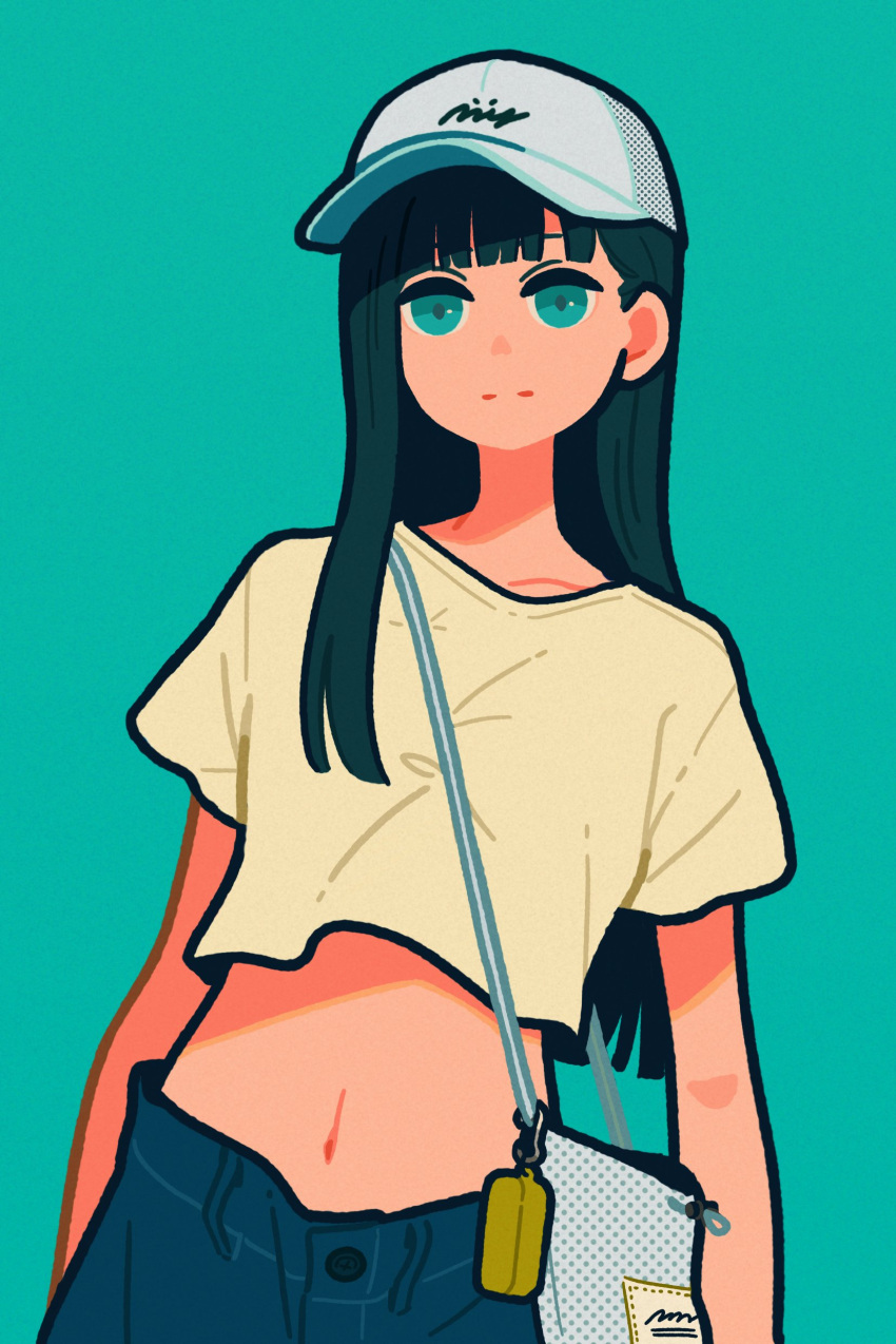 1girl, absurdres, aqua_background, aqua_eyes, aqua_theme, bag, bangs, baseball_cap
