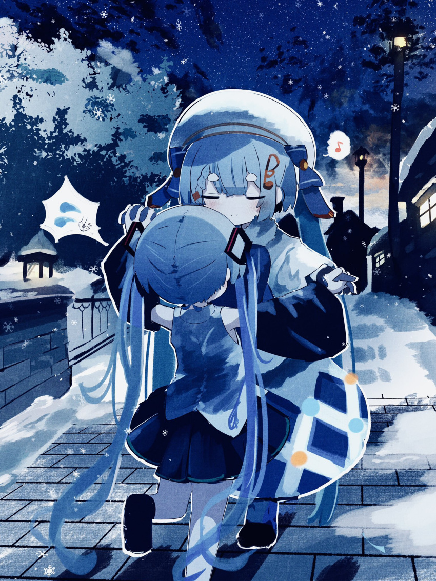 2girls, aged_down, bare_shoulders, beret, black_skirt, black_sleeves, blue_bow, blue_gloves