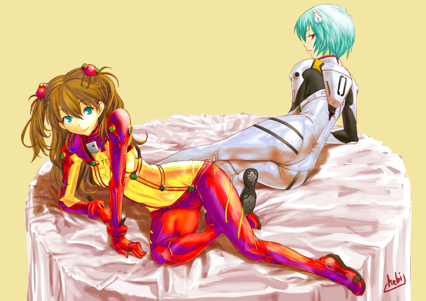 aqua_eyes, arm_support, ass, ayanami_rei, blue_hair, bodysuit, brown_hair, evangelion:_2.0_you_can_(not)_advance