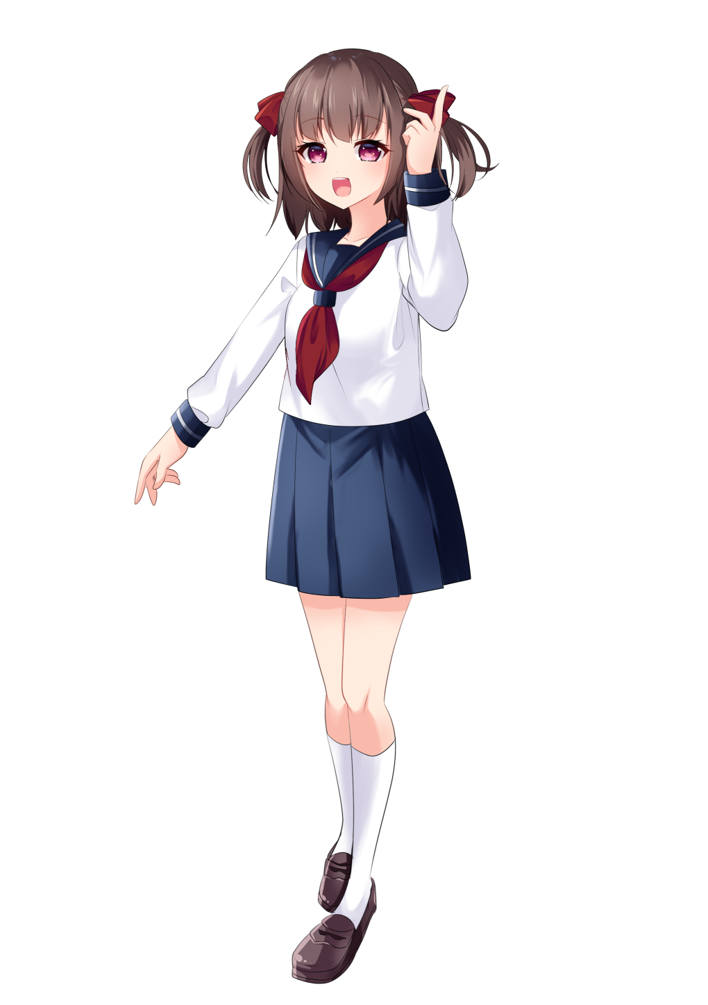 1girl, :d, arm_up, blue_sailor_collar, blue_skirt, bow, breasts, brown_footwear, brown_hair, clip_studio_paint_(medium), commentary_request, hair_bow, highres, index_finger_raised, kneehighs, loafers, long_sleeves, looking_at_viewer, misaki_(misaki86), original, pleated_skirt, red_bow, sailor_collar, shirt, shoes, simple_background, skirt, small_breasts, smile, socks, solo, standing, two_side_up, violet_eyes, white_background, white_shirt, white_socks