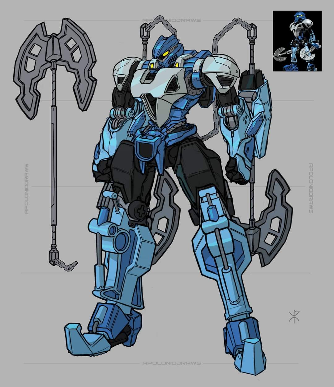 apoloniodraws, artist_name, axe, bionicle, chain, clenched_hands, full_body, gali_(bionicle)