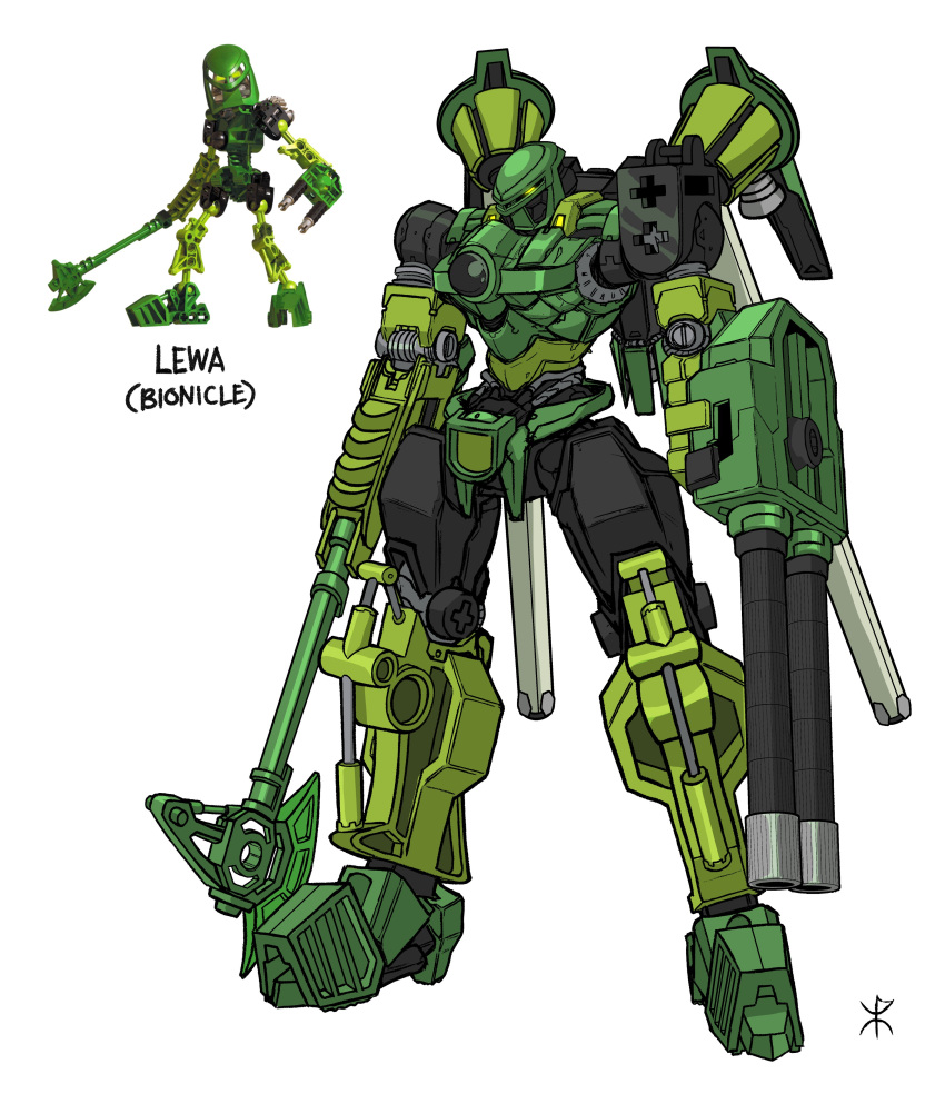 absurdres, apoloniodraws, arm_cannon, axe, bionicle, character_name, copyright_name, full_body