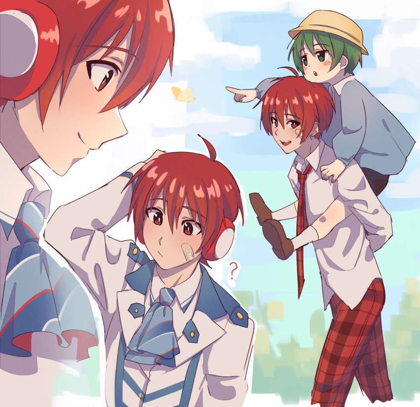 2boys, ?, ahoge, arsloid, ascot, bandage_on_face, bandages, carrying