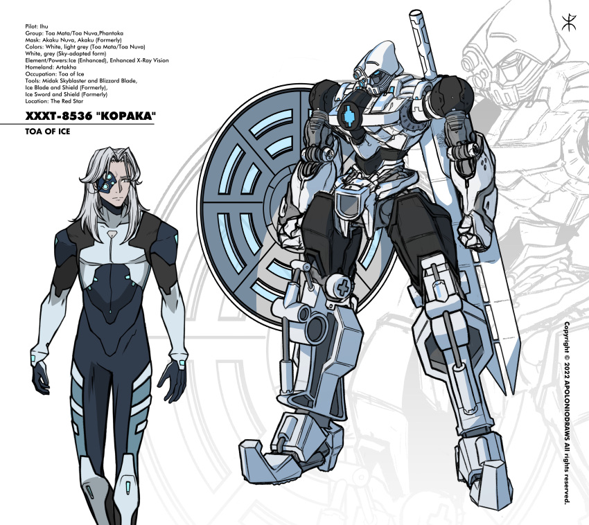 1boy, absurdres, apoloniodraws, arm_shield, bionicle, blue_bodysuit, blue_eyes, blue_gloves