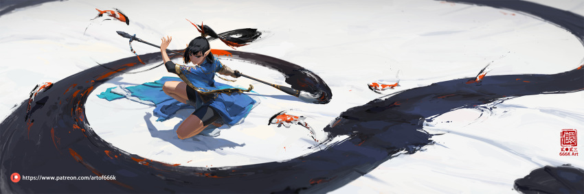 1girl, black_eyes, black_hair, chinese_clothes, commentary_request, fighting_stance, fish, highres