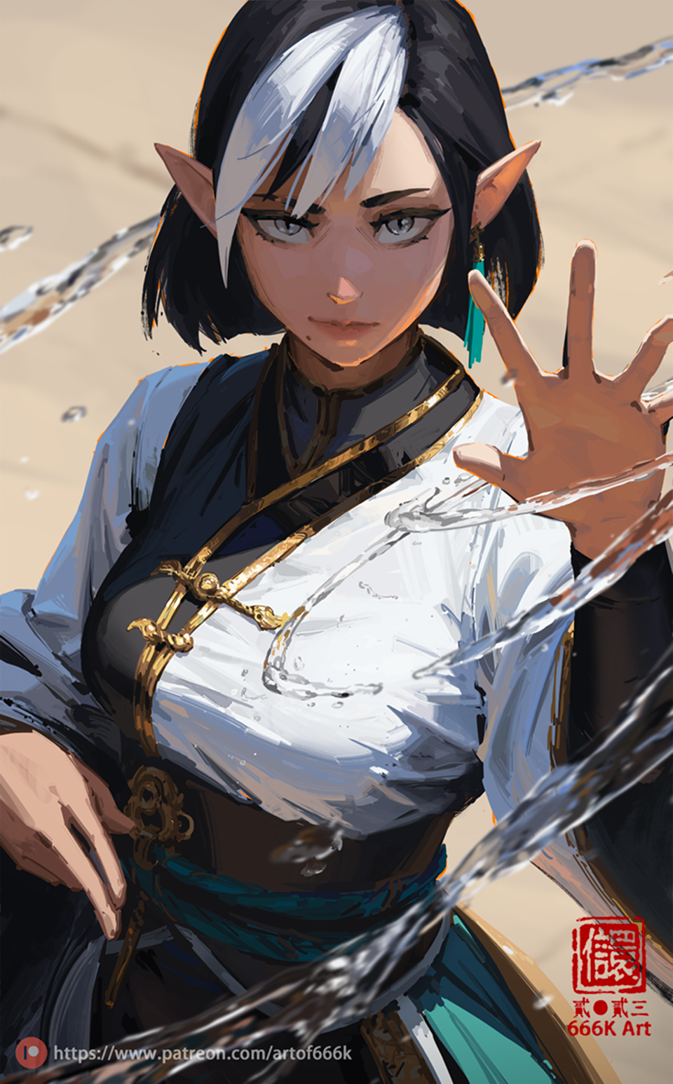 1girl, artist_name, black_hair, chinese_clothes, closed_mouth, earrings, grey_eyes, hand_up