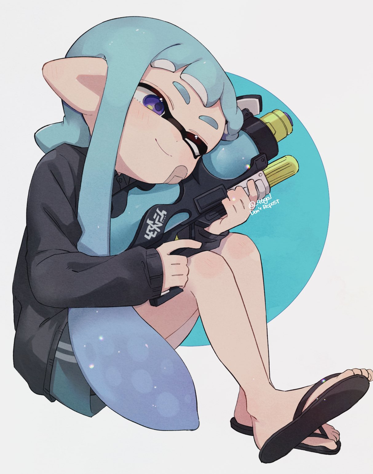 1girl, aqua_background, artist_name, bandaid, bandaid_on_cheek, bandaid_on_face, bangs, black_footwear, black_shirt, blue_hair, blue_shorts, blunt_bangs, blush, closed_mouth, commentary_request, flip-flops, full_body, gun, highres, holding, holding_gun, holding_weapon, inkling, inkling_girl, knees_up, long_hair, long_sleeves, mikoshiba_m, one_eye_closed, pointy_ears, sandals, shirt, short_eyebrows, short_shorts, shorts, sidelocks, simple_background, sitting, sleeves_past_wrists, smile, solo, splatoon_(series), splatoon_3, splattershot_nova_(splatoon), tentacle_hair, twitter_username, two-tone_background, very_long_hair, violet_eyes, weapon, white_background