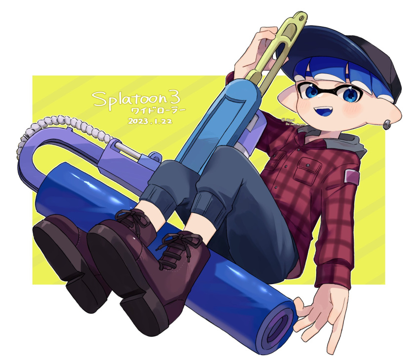 1boy, :d, arm_up, artist_name, baseball_cap, big_swig_roller_(splatoon), black_headwear, blue_eyes, blue_hair, blue_pants, blue_tongue, blush, boots, brown_footwear, buttons, capri_pants, colored_tongue, commentary_request, copyright_name, dated, earrings, green_background, hat, highres, inkling, inkling_boy, jacker, jacket, jewelry, long_sleeves, looking_at_viewer, male_focus, mikoshiba_m, open_mouth, paint_roller, pants, plaid, plaid_jacket, pocket, pointy_ears, red_jacket, short_hair, simple_background, single_earring, smile, solo, splatoon_(series), splatoon_3, teeth, tentacle_hair, twitter_username, upper_teeth_only, white_background