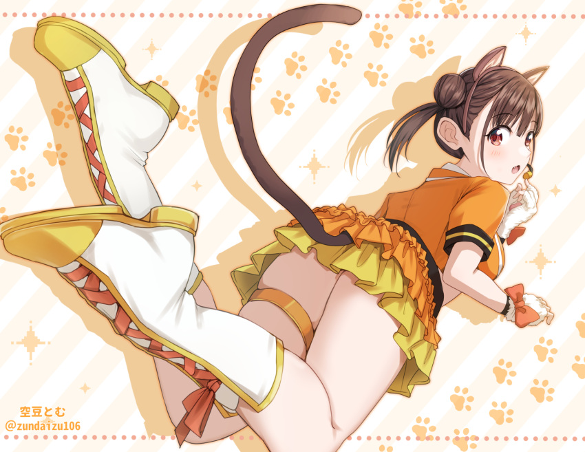1girl, animal_ears, boots, brown_eyes, brown_hair, cat_ears, cat_tail, commentary_request