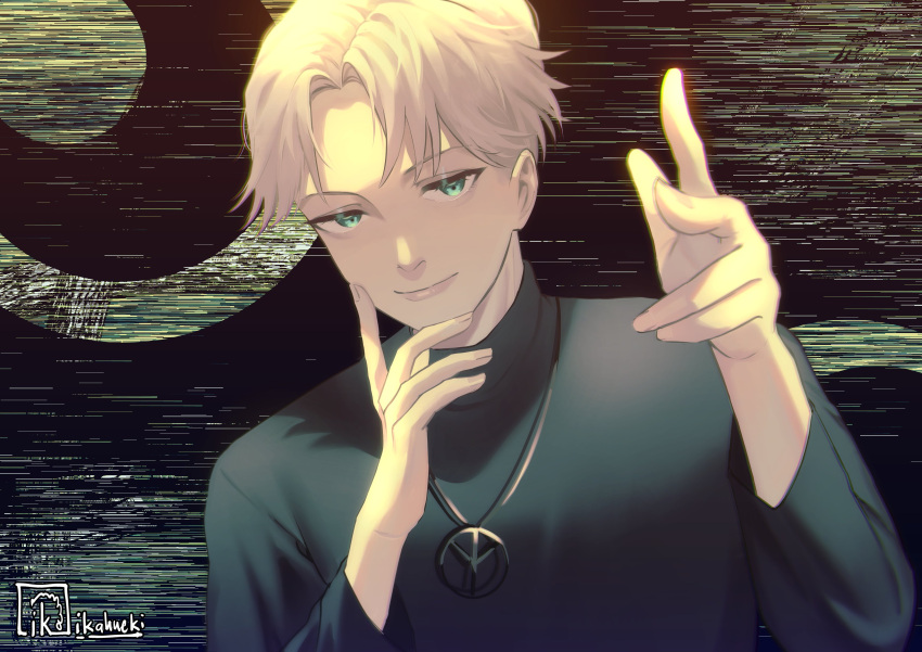 1boy, absurdres, artist_name, black_sweater, blonde_hair, choujin_x, chromatic_aberration, green_eyes