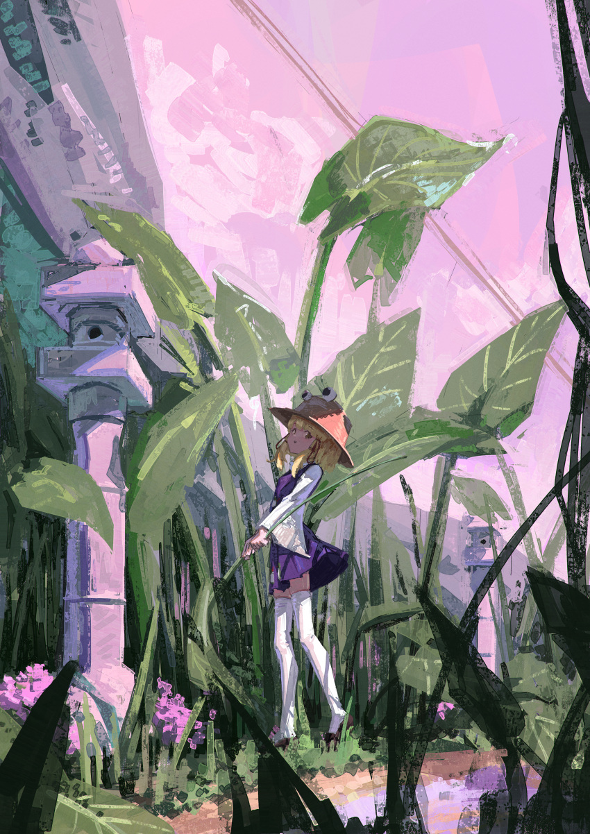 1girl, absurdres, blonde_hair, brown_footwear, brown_headwear, full_body, hair_ribbon, hat, highres, leaf, long_hair, long_sleeves, moriya_suwako, nepperoni, open_mouth, purple_skirt, purple_vest, red_ribbon, ribbon, shirt, shoes, sidelocks, skirt, solo, thigh-highs, touhou, tress_ribbon, vest, white_shirt, white_thighhighs, wide_sleeves, yellow_eyes