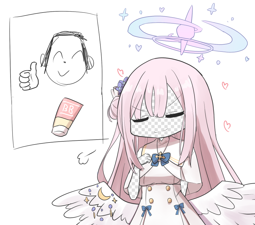 1girl, angel_wings, arm_behind_back, arona's_sensei_doodle_(blue_archive), bangs, blue_archive, blunt_bangs, bow