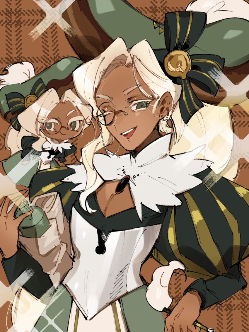 2boys, ;d, androgynous, bangs, black_bow, black_shirt, blonde_hair, bow